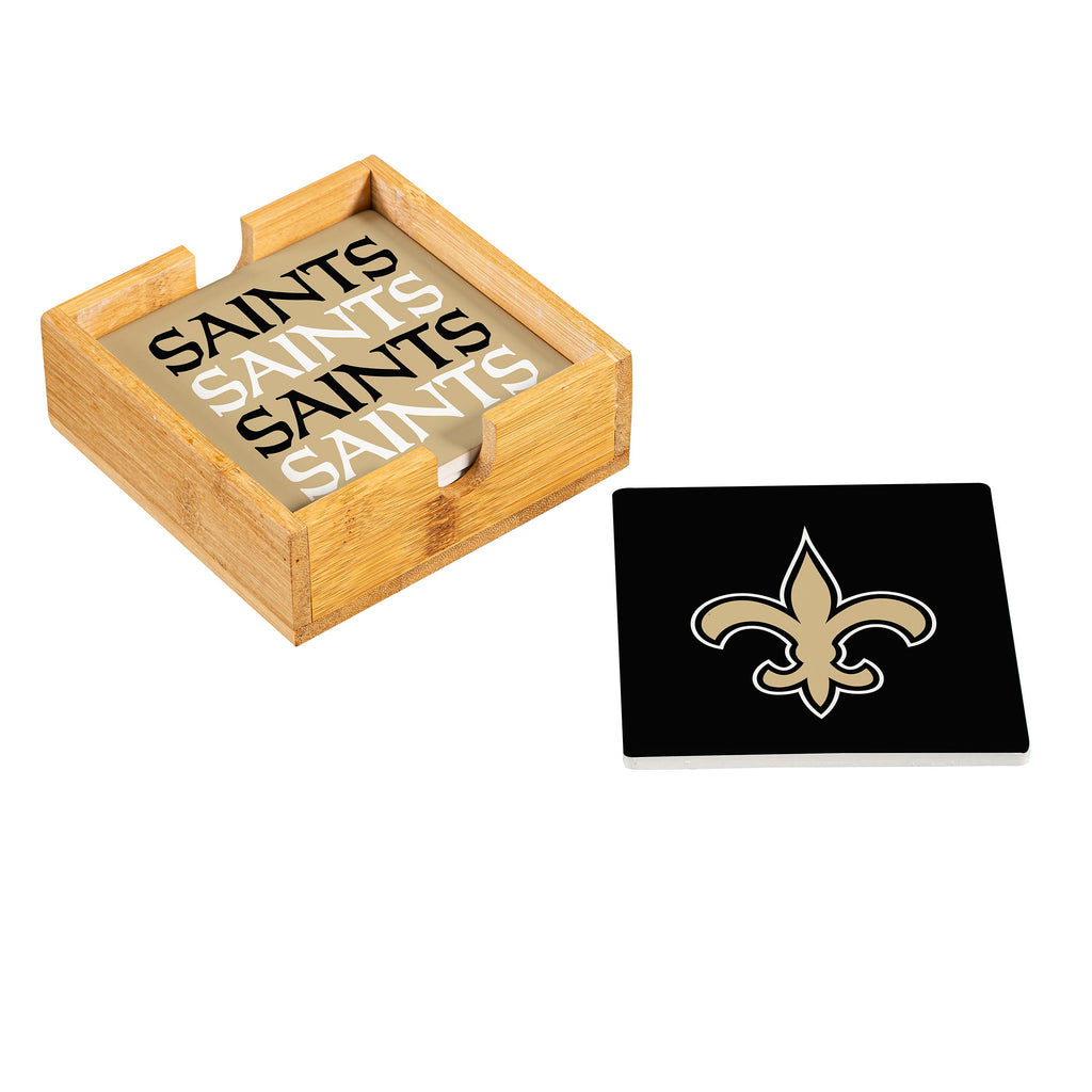 New Orleans Saints Coaster Set 4 Piece with Wood Caddy - Evergreen Enterprises