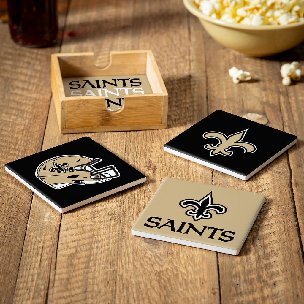 New Orleans Saints Coaster Set 4 Piece with Wood Caddy - Evergreen Enterprises