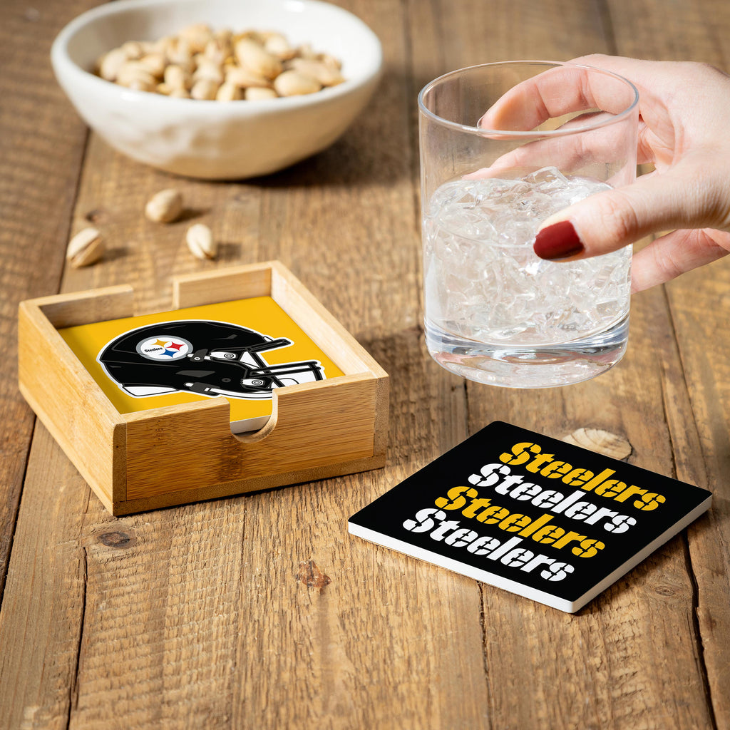 Pittsburgh Steelers Coaster Set 4 Piece with Wood Caddy - Evergreen Enterprises