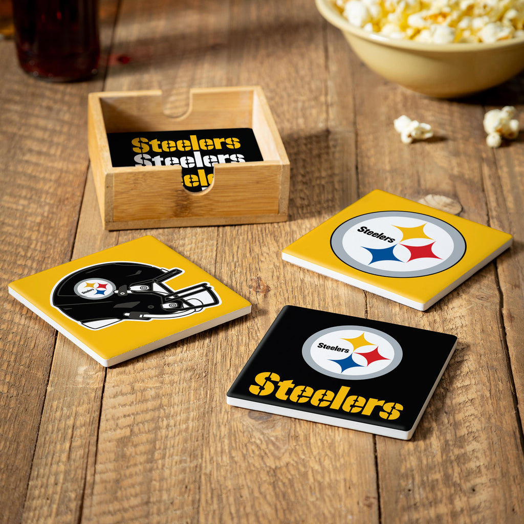 Pittsburgh Steelers Coaster Set 4 Piece with Wood Caddy - Evergreen Enterprises
