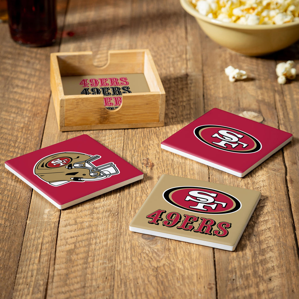 San Francisco 49ers Coaster Set 4 Piece with Wood Caddy - Evergreen Enterprises