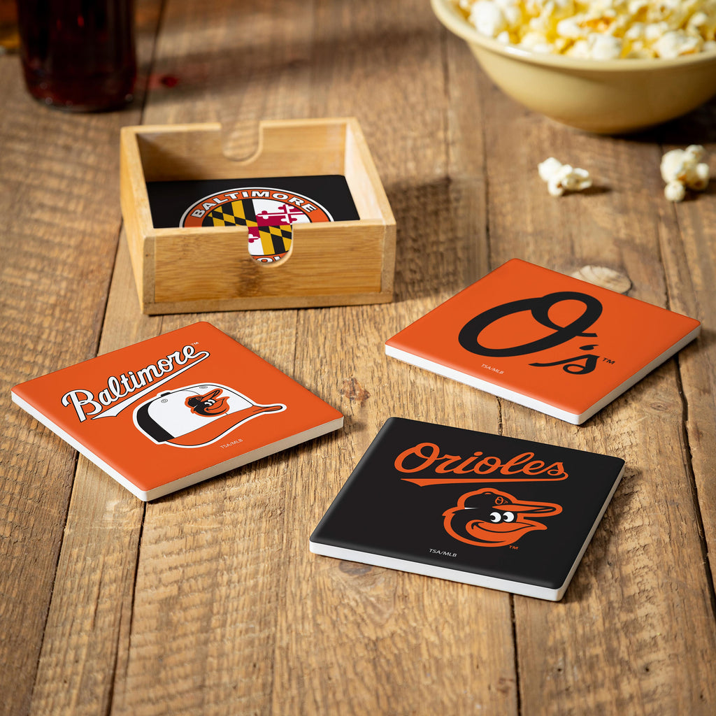 Baltimore Orioles Coaster Set 4 Piece with Wood Caddy - Evergreen Enterprises