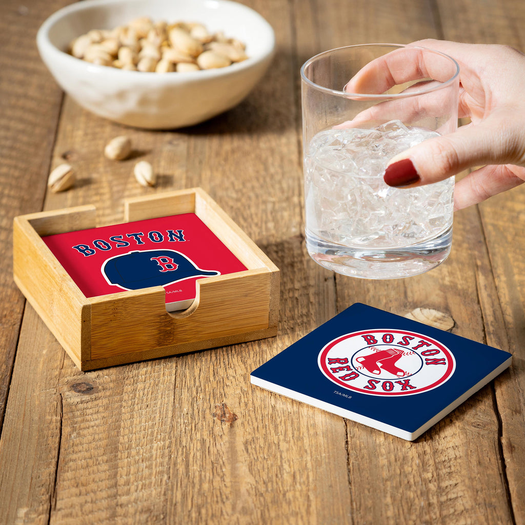 Boston Red Sox Coaster Set 4 Piece with Wood Caddy - Evergreen Enterprises
