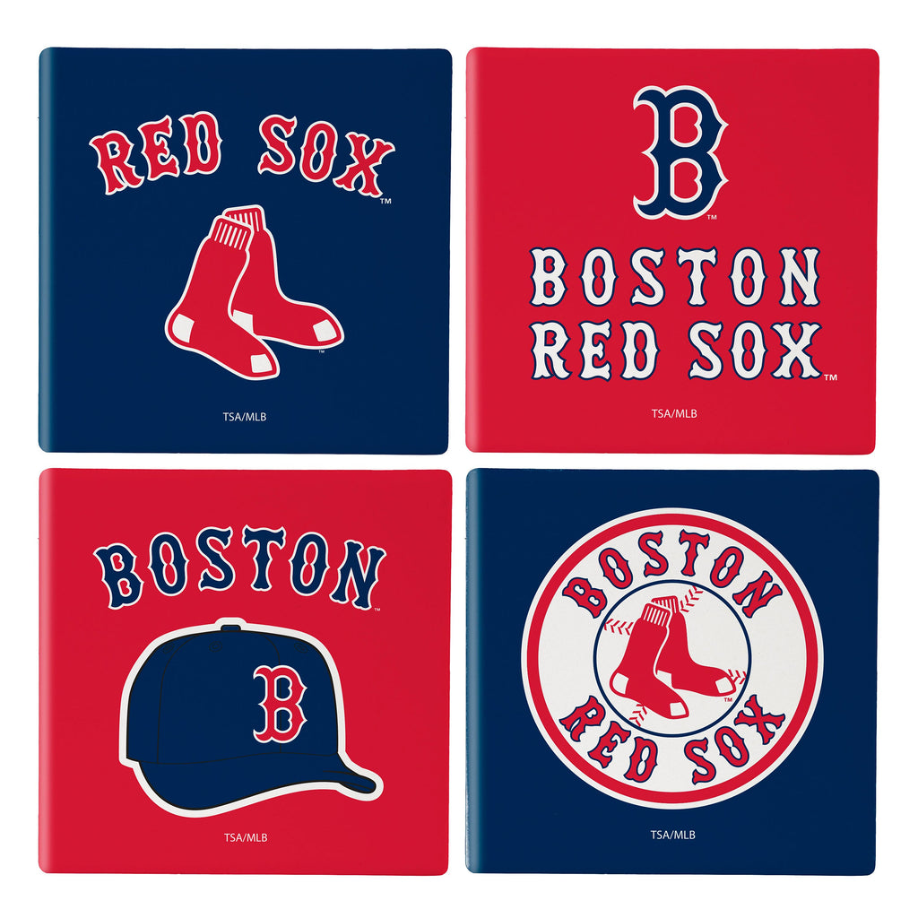 Boston Red Sox Coaster Set 4 Piece with Wood Caddy - Evergreen Enterprises