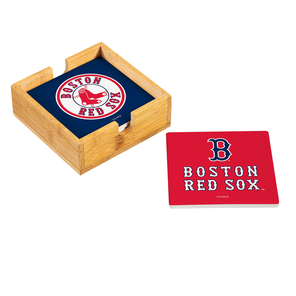 Boston Red Sox Coaster Set 4 Piece with Wood Caddy - Evergreen Enterprises