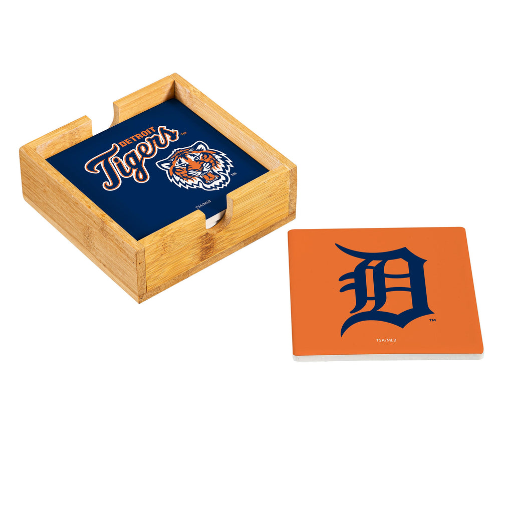 Detroit Tigers Coaster Set 4 Piece with Wood Caddy - Evergreen Enterprises