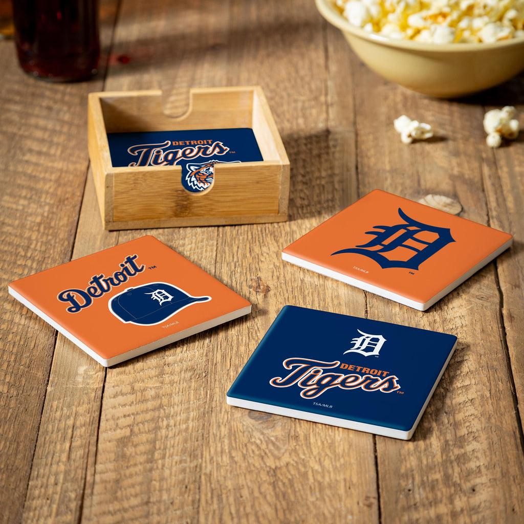 Detroit Tigers Coaster Set 4 Piece with Wood Caddy - Evergreen Enterprises