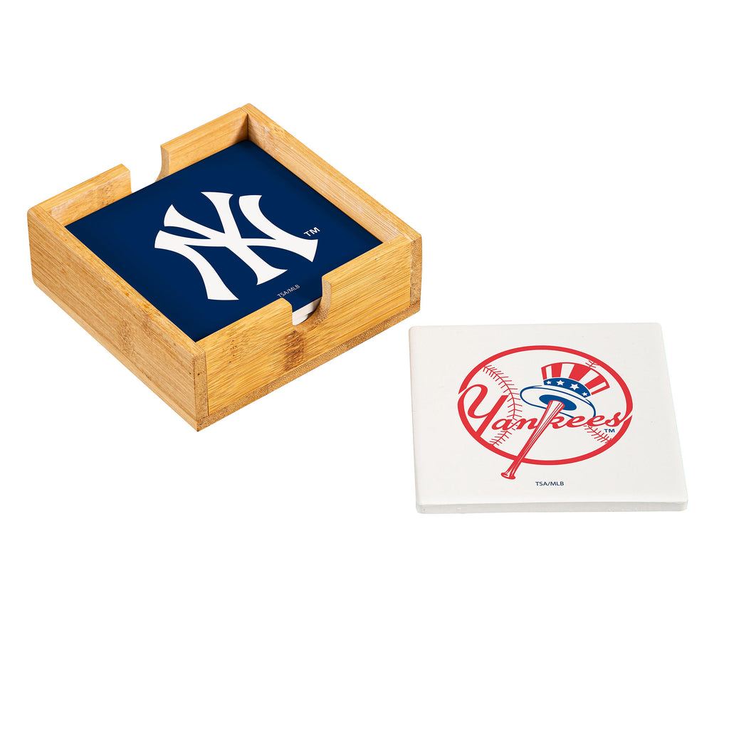 New York Yankees Coaster Set 4 Piece with Wood Caddy - Evergreen Enterprises