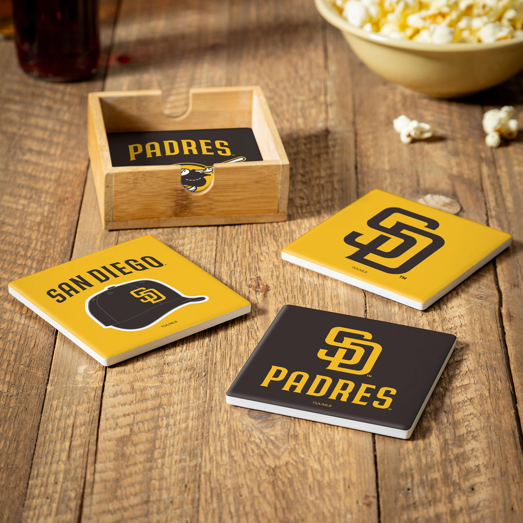 San Diego Padres Coaster Set 4 Piece with Wood Caddy - Evergreen Enterprises