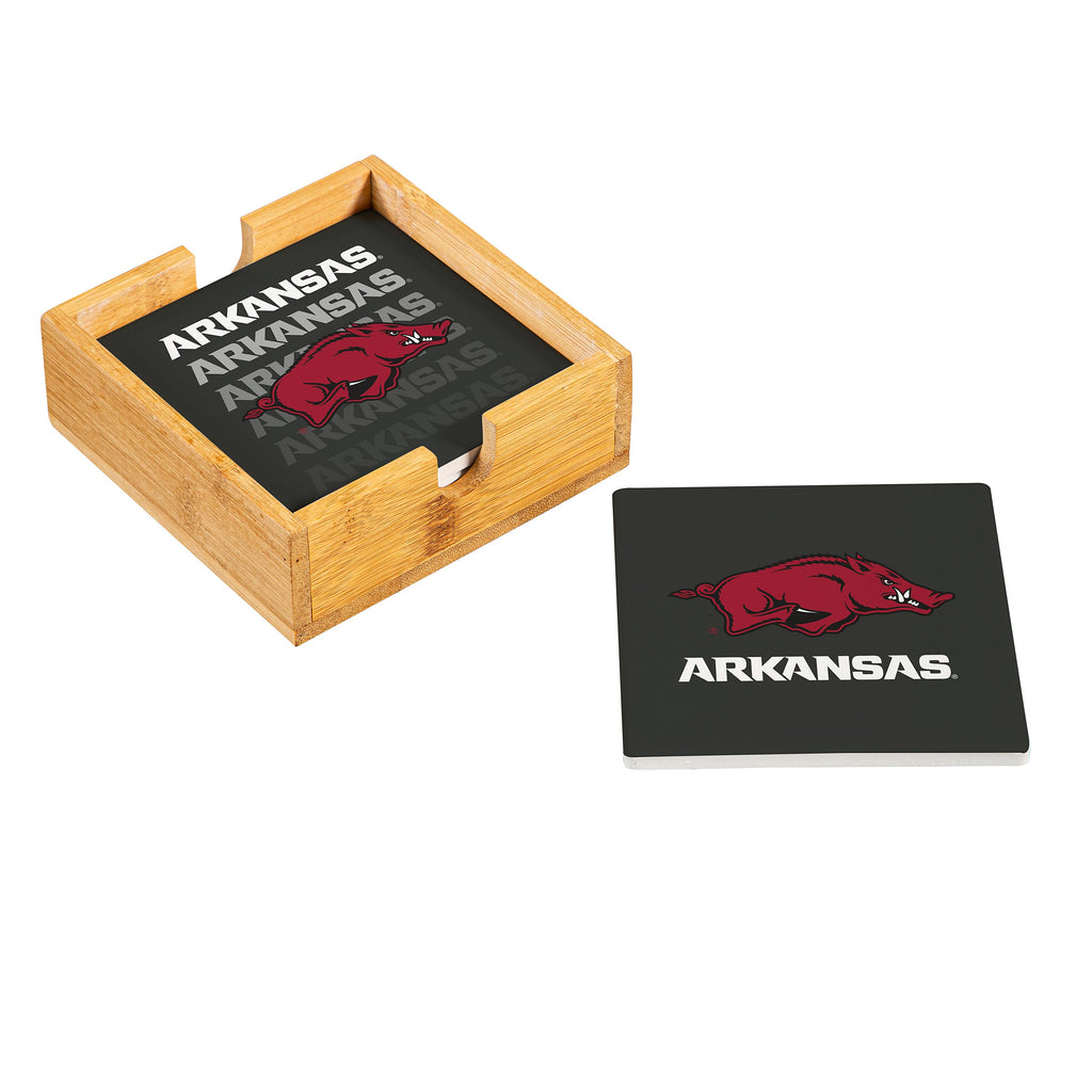 Arkansas Razorbacks Coaster Set 4 Piece with Wood Caddy - Evergreen Enterprises