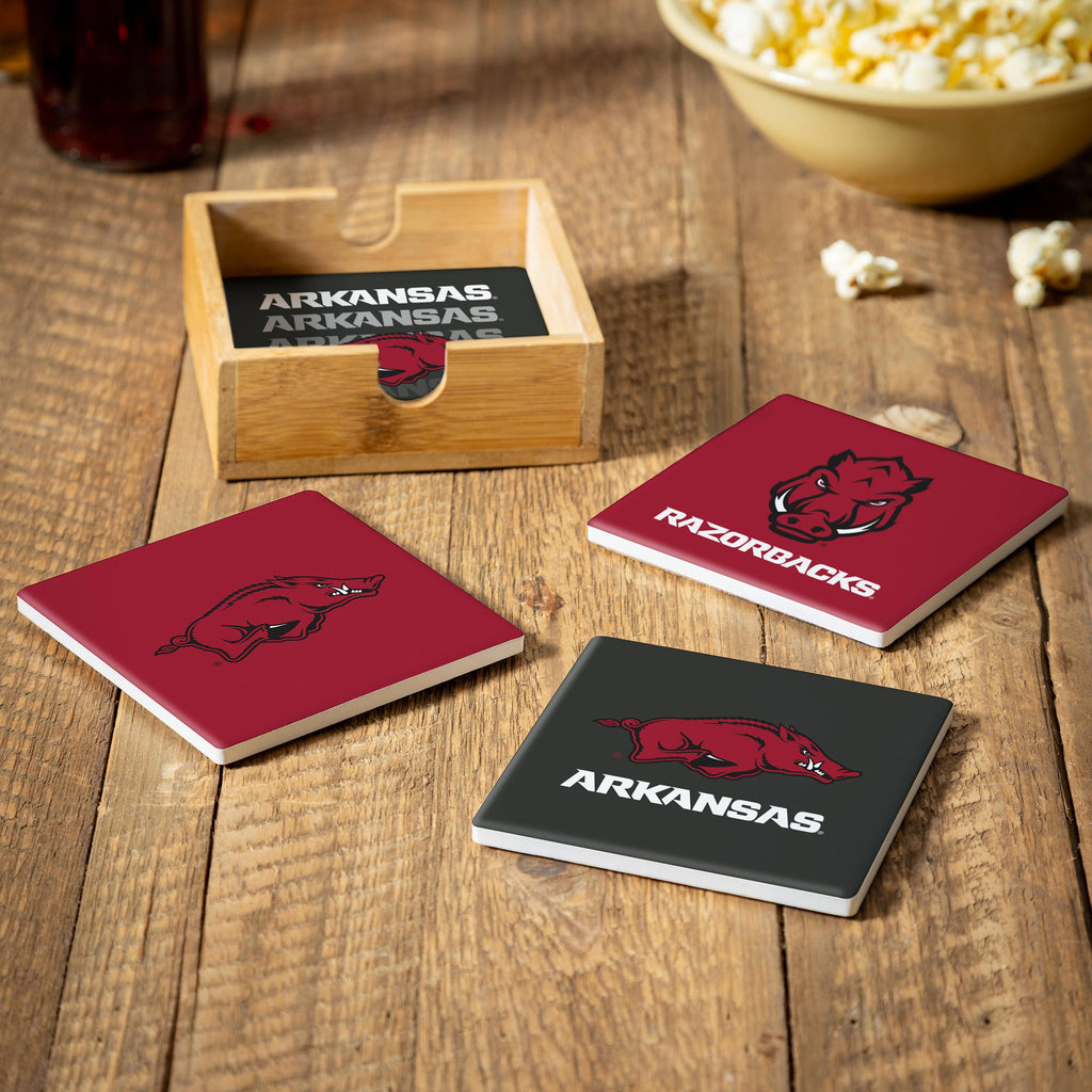 Arkansas Razorbacks Coaster Set 4 Piece with Wood Caddy - Evergreen Enterprises