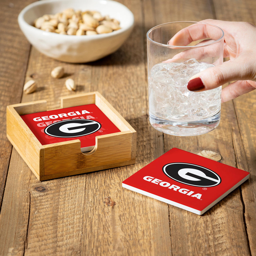 Georgia Bulldogs Coaster Set 4 Piece with Wood Caddy - Evergreen Enterprises