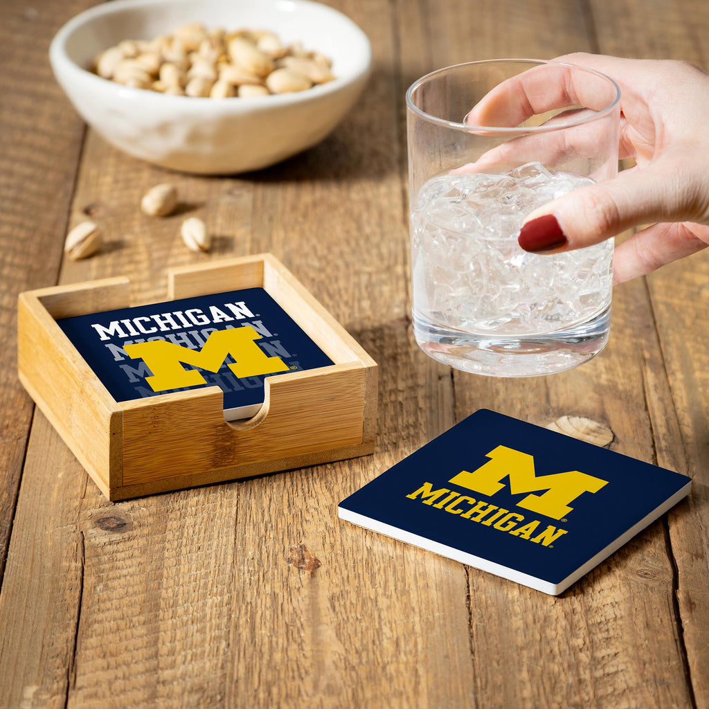 Michigan Wolverines Coaster Set 4 Piece with Wood Caddy - Evergreen Enterprises