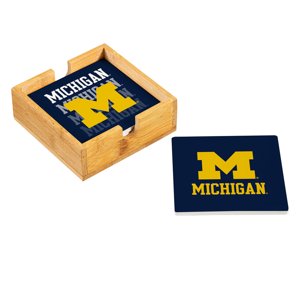 Michigan Wolverines Coaster Set 4 Piece with Wood Caddy - Evergreen Enterprises