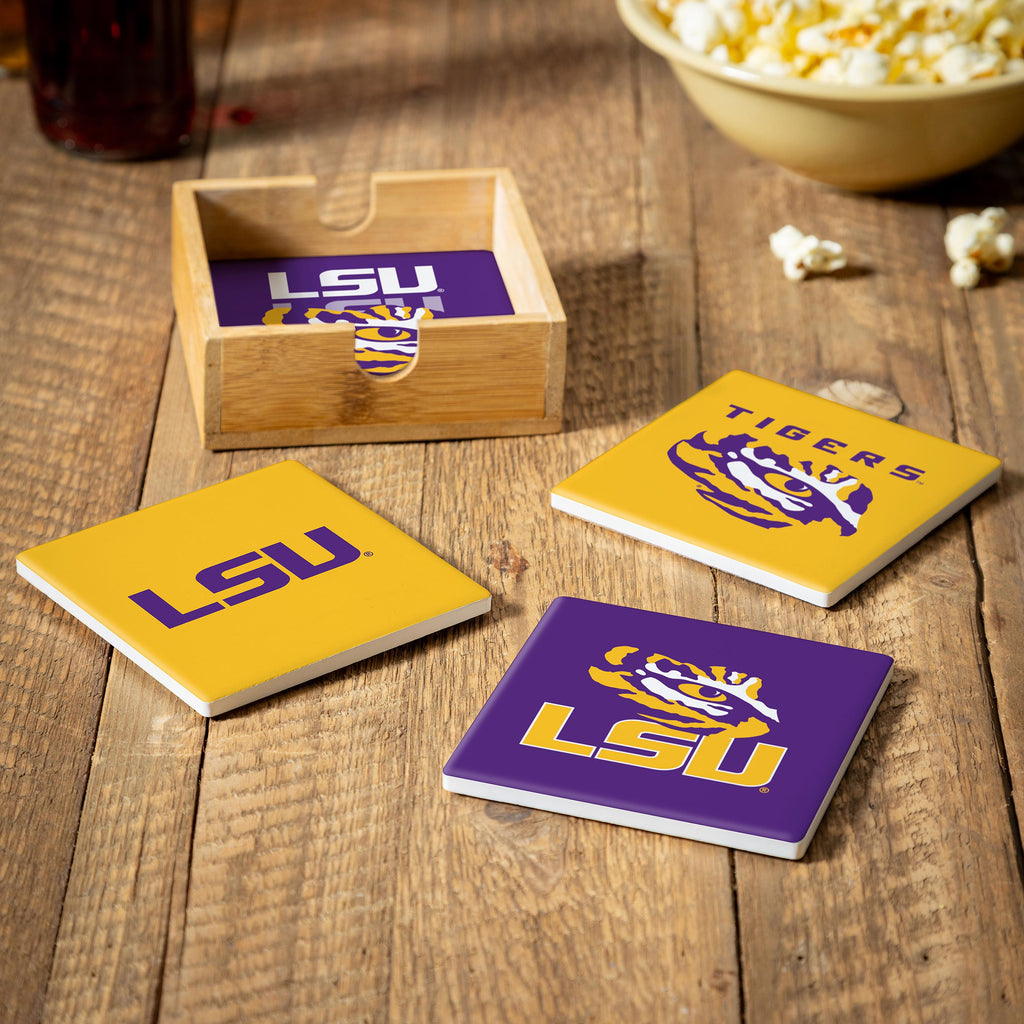 LSU Tigers Coaster Set 4 Piece with Wood Caddy - Evergreen Enterprises