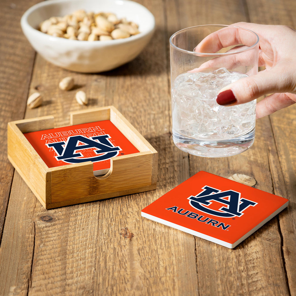 Auburn Tigers Coaster Set 4 Piece with Wood Caddy - Evergreen Enterprises