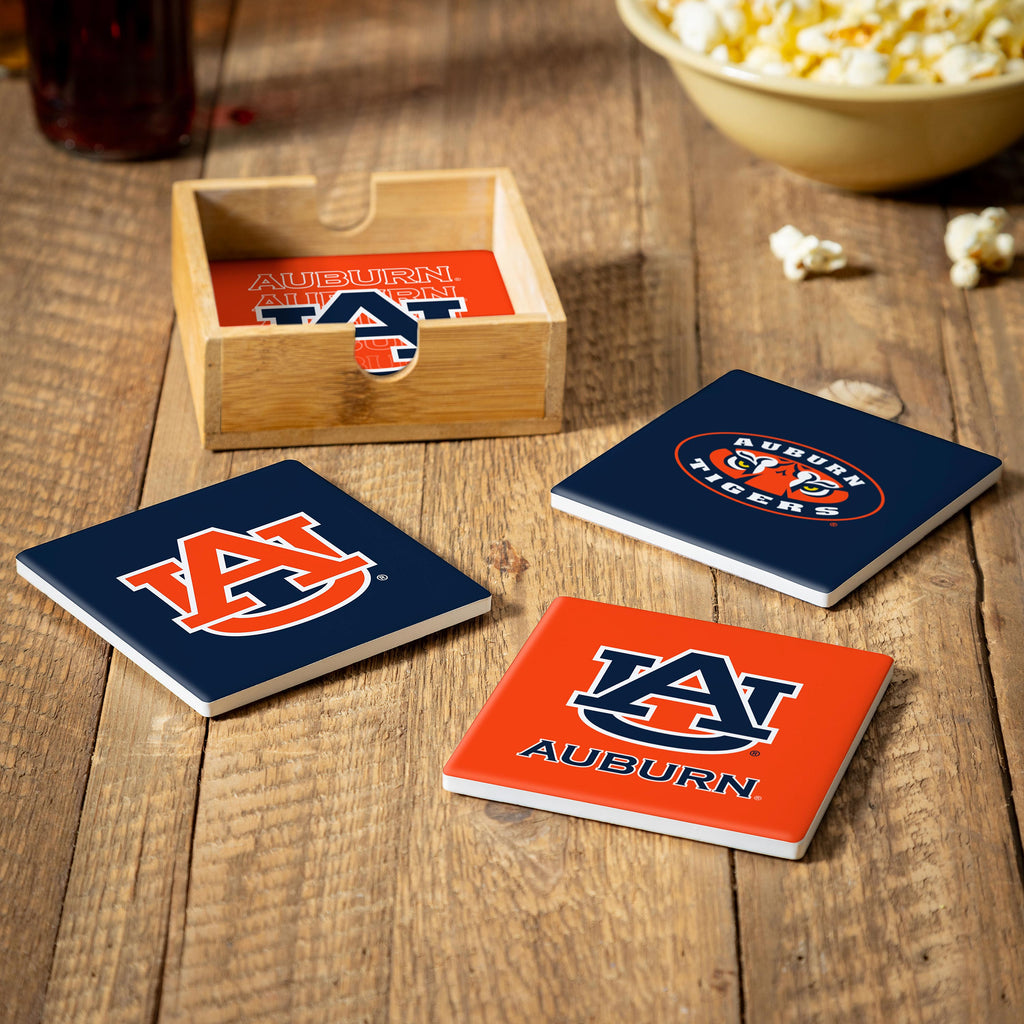 Auburn Tigers Coaster Set 4 Piece with Wood Caddy - Evergreen Enterprises