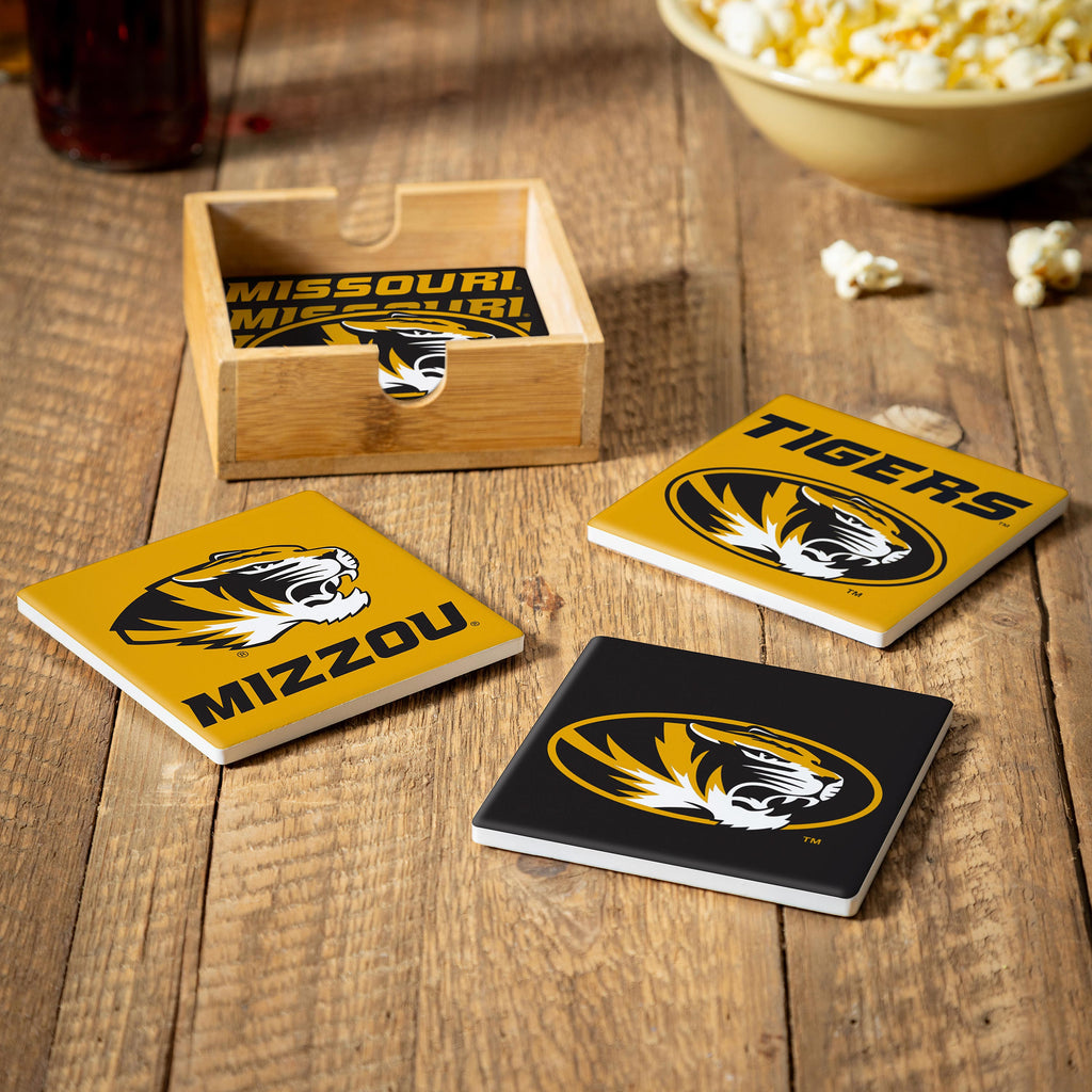 Missouri Tigers Coaster Set 4 Piece with Wood Caddy - Evergreen Enterprises