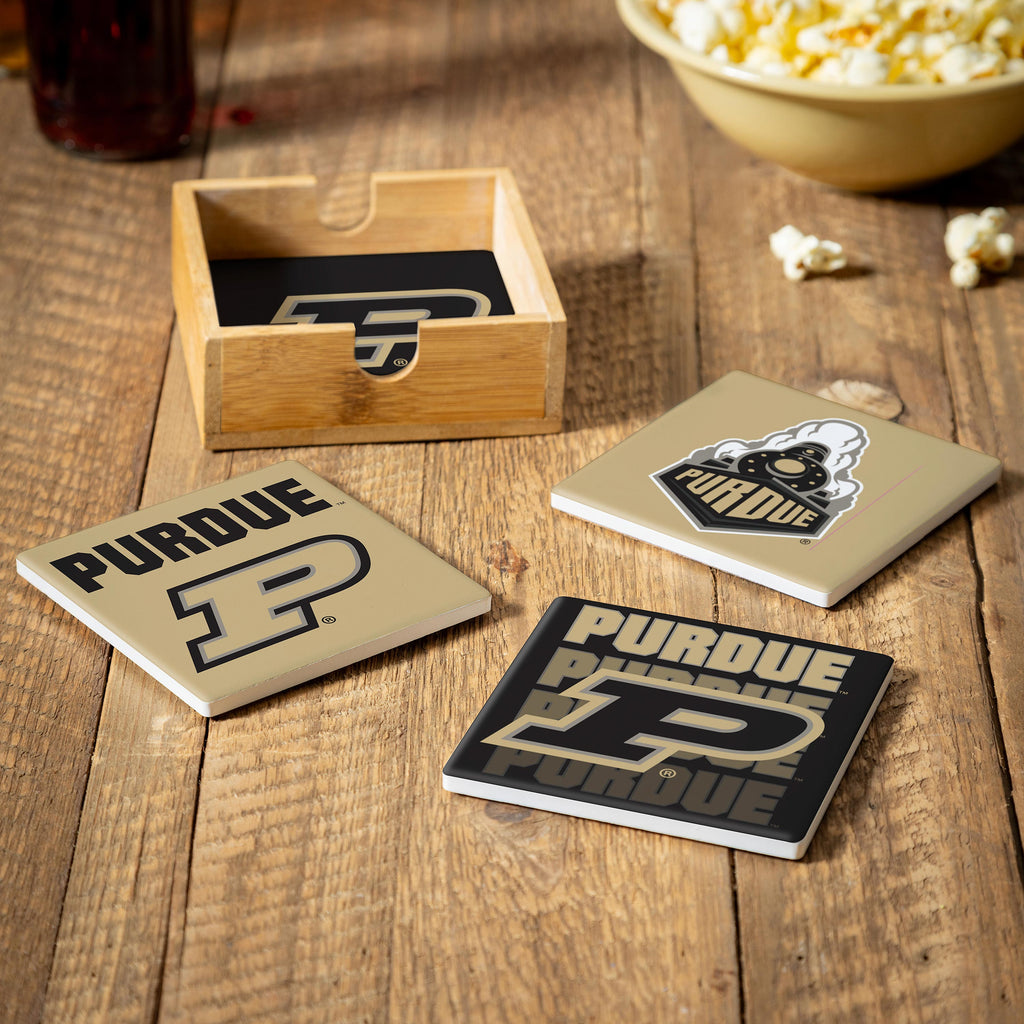 Purdue Boilermakers Coaster Set 4 Piece with Wood Caddy - Evergreen Enterprises
