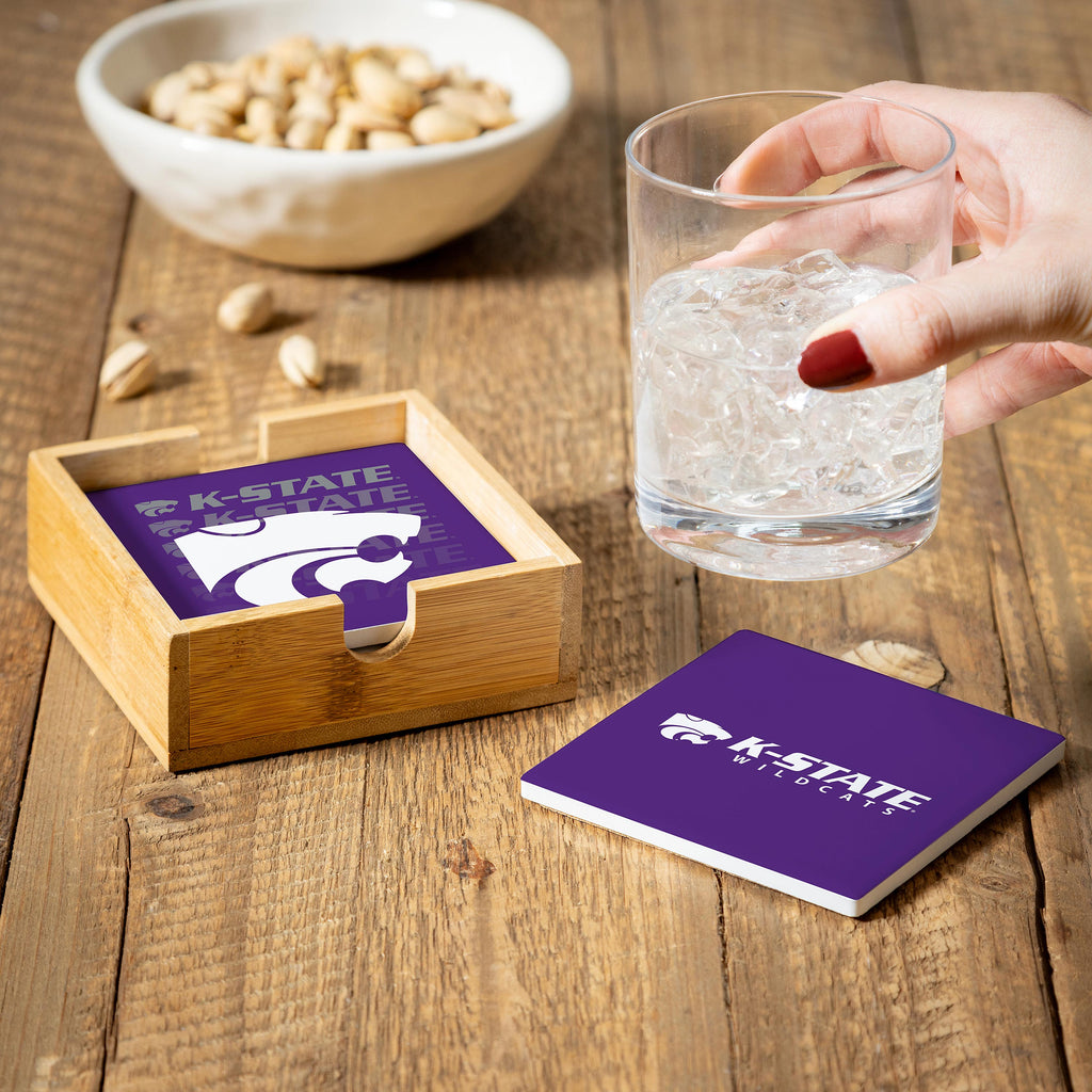 Kansas State Wildcats Coaster Set 4 Piece with Wood Caddy - Evergreen Enterprises