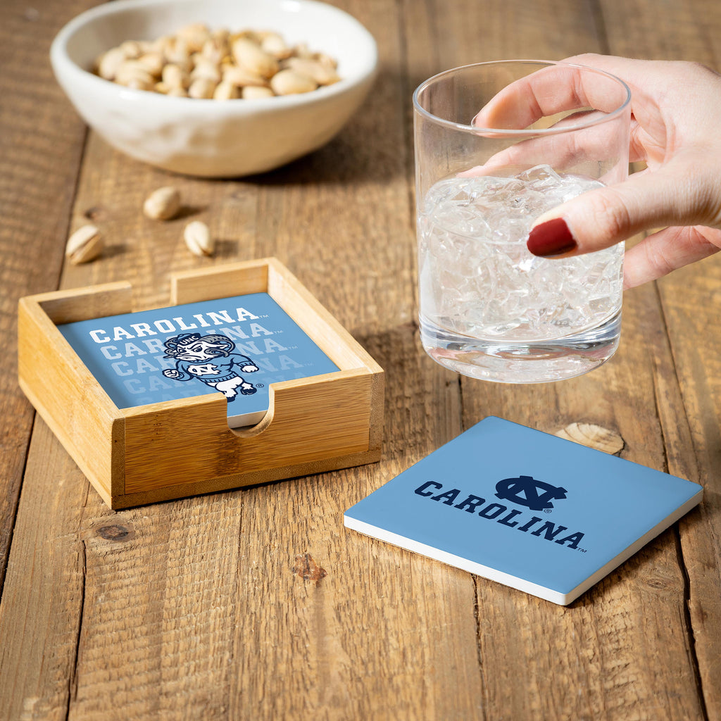 North Carolina Tar Heels Coaster Set 4 Piece with Wood Caddy - Evergreen Enterprises
