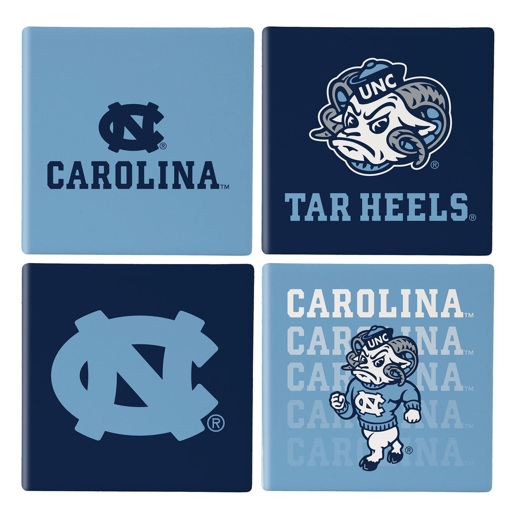 North Carolina Tar Heels Coaster Set 4 Piece with Wood Caddy - Evergreen Enterprises