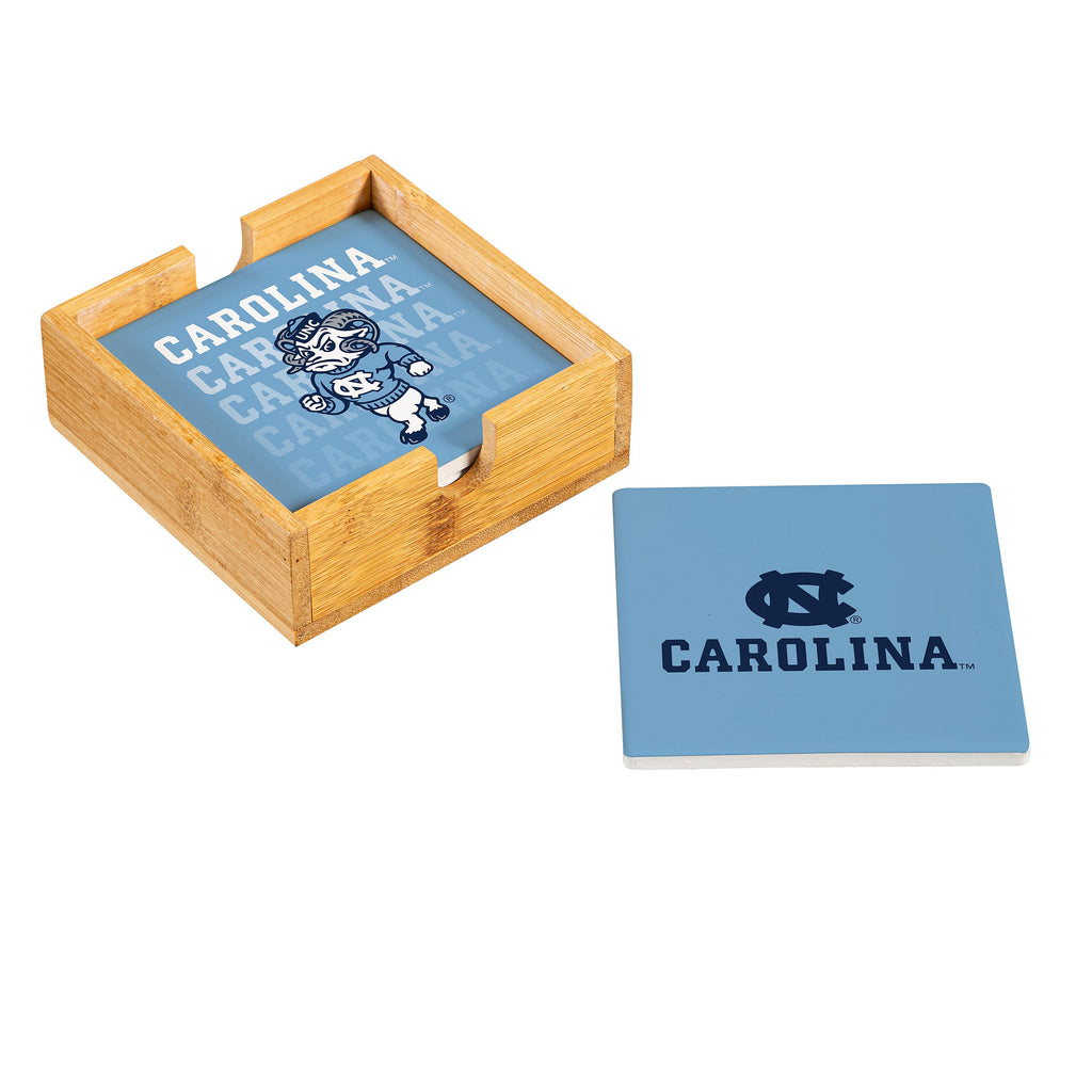 North Carolina Tar Heels Coaster Set 4 Piece with Wood Caddy - Evergreen Enterprises