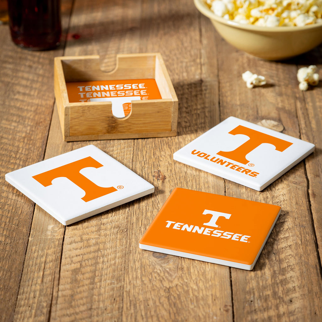 Tennessee Volunteers Coaster Set 4 Piece with Wood Caddy - Evergreen Enterprises