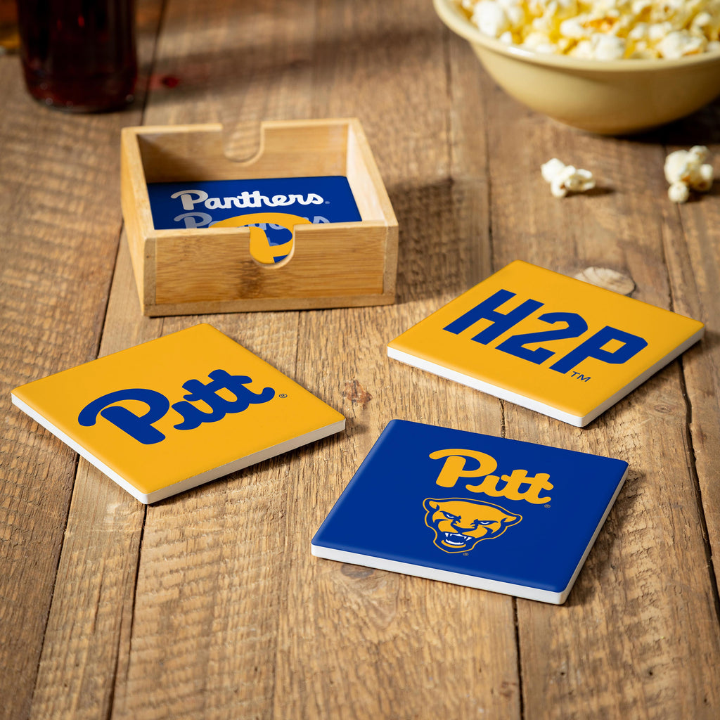Pittsburgh Panthers Coaster Set 4 Piece with Wood Caddy - Evergreen Enterprises