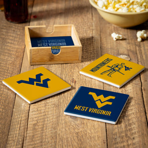 West Virginia Mountaineers Coaster Set 4 Piece with Wood Caddy - Evergreen Enterprises