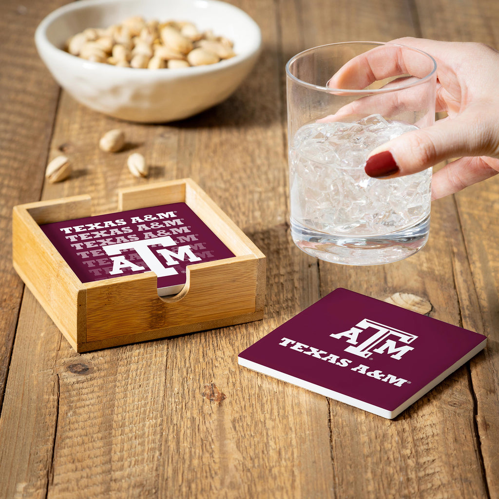 Texas A&M Aggies Coaster Set 4 Piece with Wood Caddy - Evergreen Enterprises