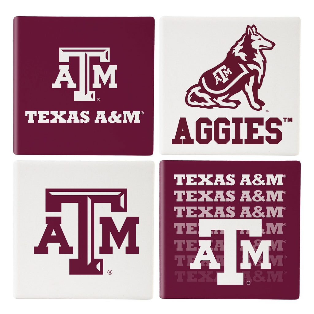 Texas A&M Aggies Coaster Set 4 Piece with Wood Caddy - Evergreen Enterprises
