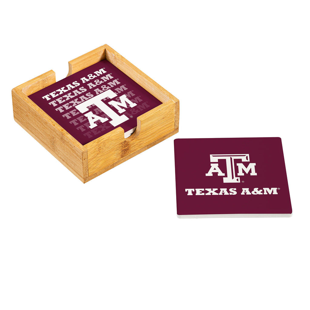 Texas A&M Aggies Coaster Set 4 Piece with Wood Caddy - Evergreen Enterprises