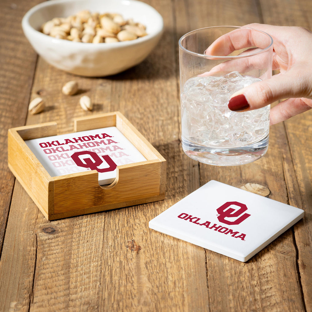 Oklahoma Sooners Coaster Set 4 Piece with Wood Caddy - Evergreen Enterprises