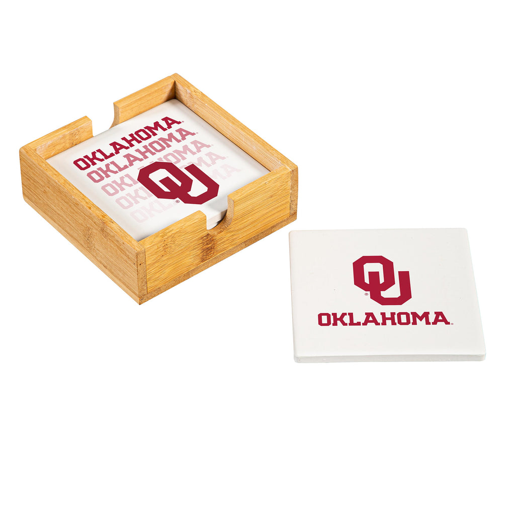Oklahoma Sooners Coaster Set 4 Piece with Wood Caddy - Evergreen Enterprises