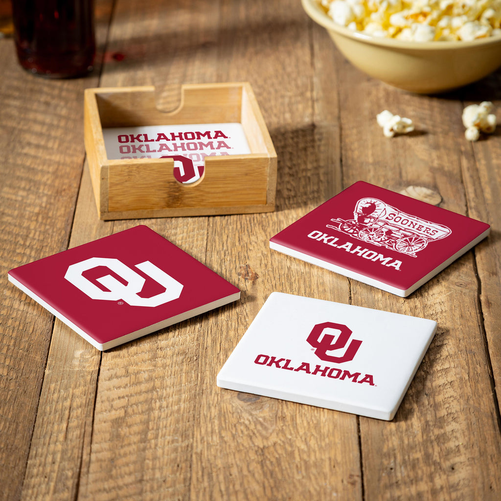 Oklahoma Sooners Coaster Set 4 Piece with Wood Caddy - Evergreen Enterprises