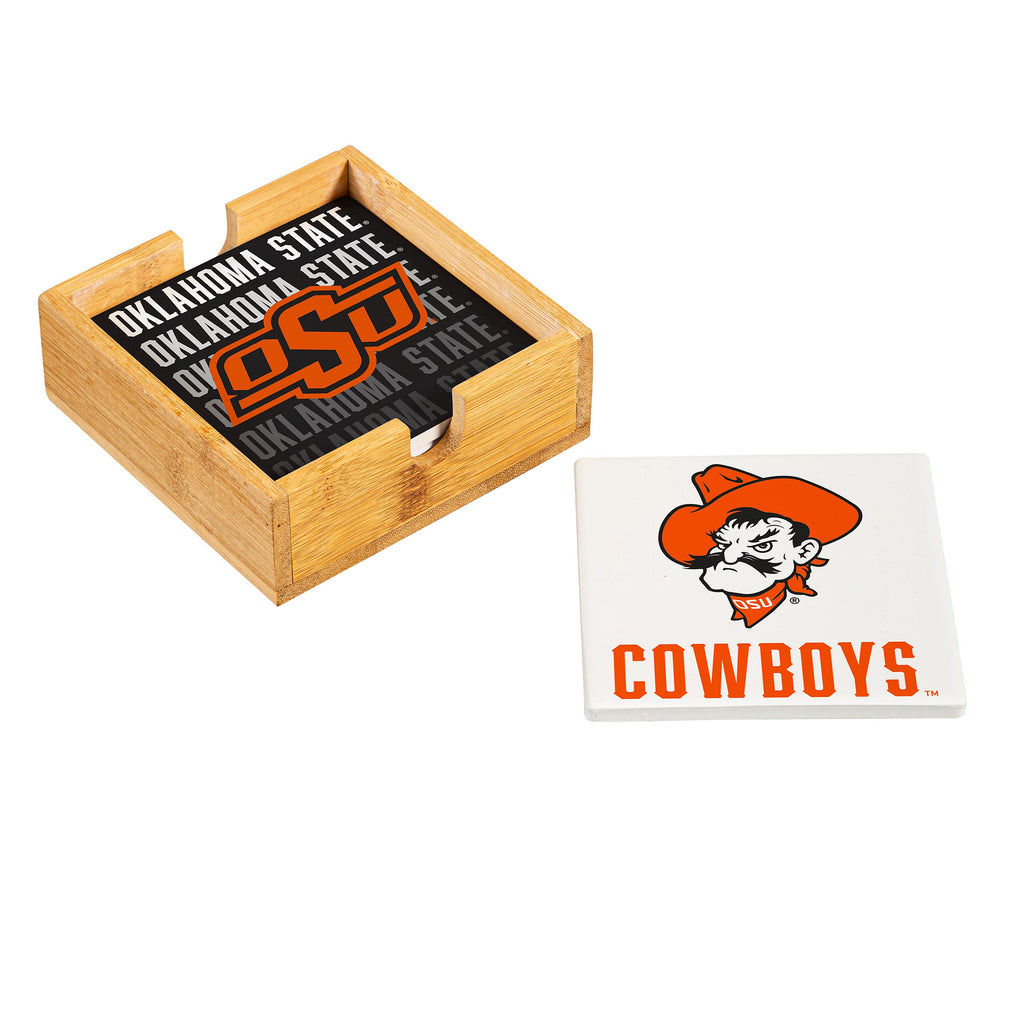 Oklahoma State Cowboys Coaster Set 4 Piece with Wood Caddy - Evergreen Enterprises