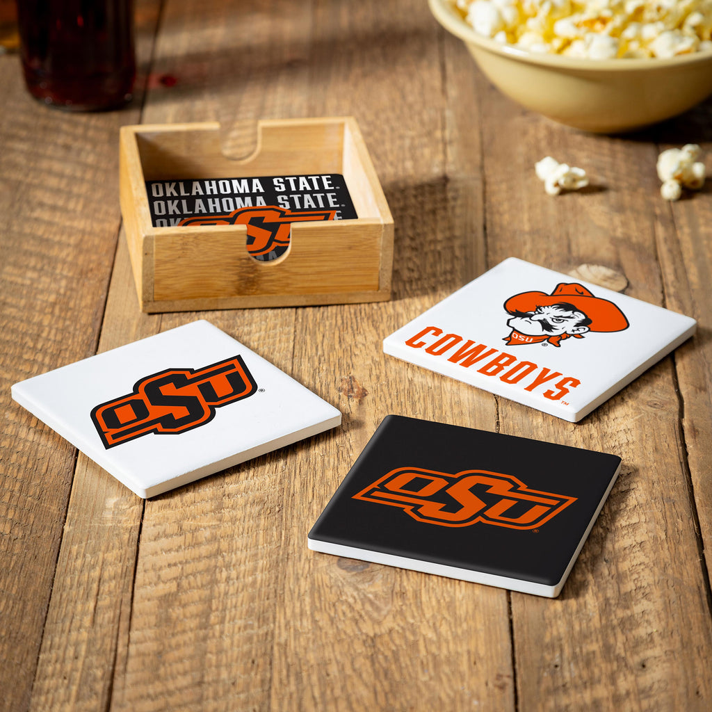 Oklahoma State Cowboys Coaster Set 4 Piece with Wood Caddy - Evergreen Enterprises