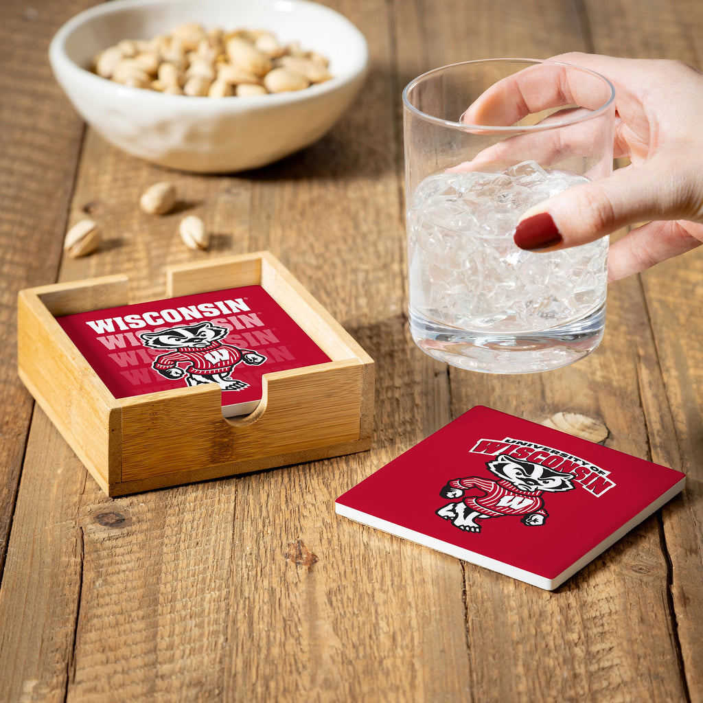 Wisconsin Badgers Coaster Set 4 Piece with Wood Caddy - Evergreen Enterprises