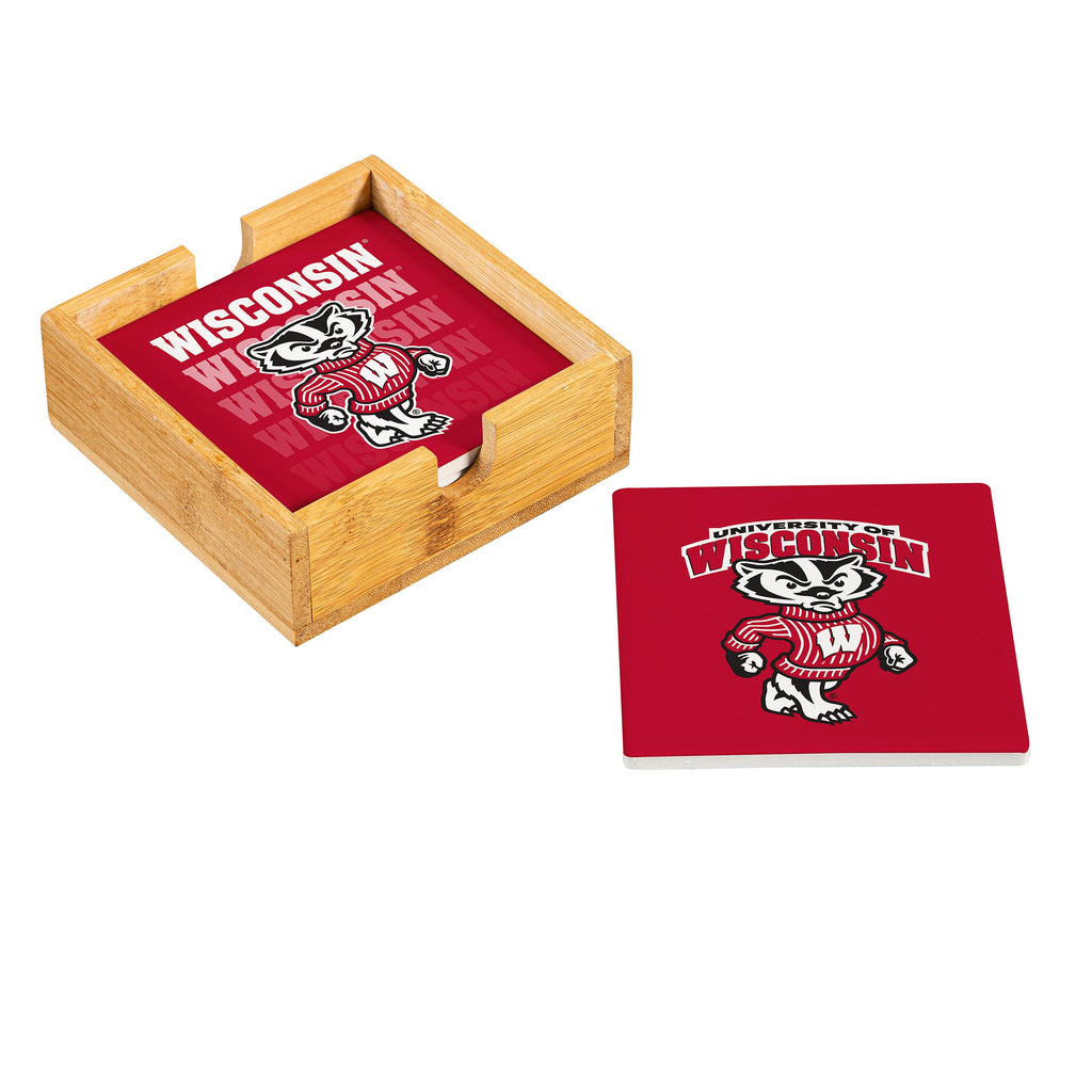 Wisconsin Badgers Coaster Set 4 Piece with Wood Caddy - Evergreen Enterprises