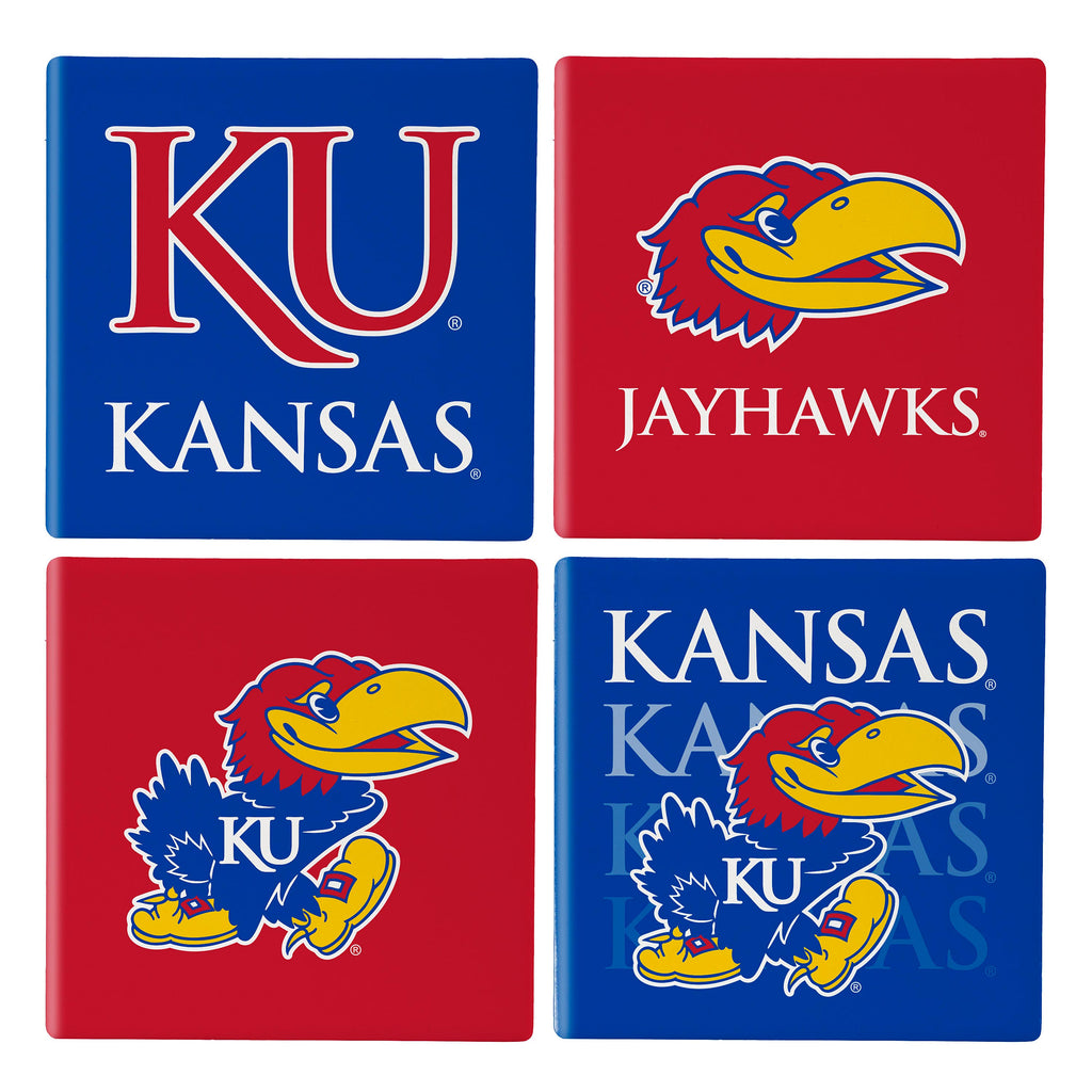 Kansas Jayhawks Coaster Set 4 Piece with Wood Caddy - Evergreen Enterprises