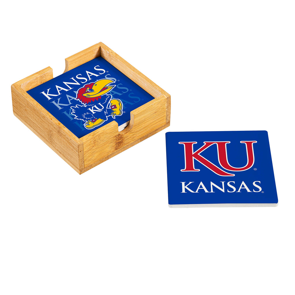 Kansas Jayhawks Coaster Set 4 Piece with Wood Caddy - Evergreen Enterprises