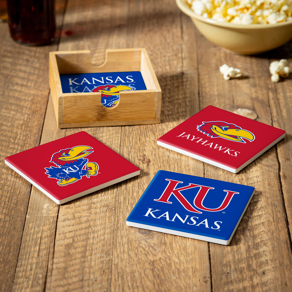 Kansas Jayhawks Coaster Set 4 Piece with Wood Caddy - Evergreen Enterprises