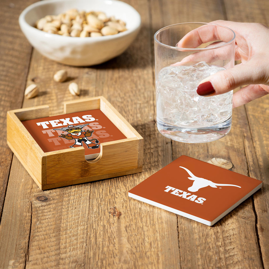 Texas Longhorns Coaster Set 4 Piece with Wood Caddy - Evergreen Enterprises