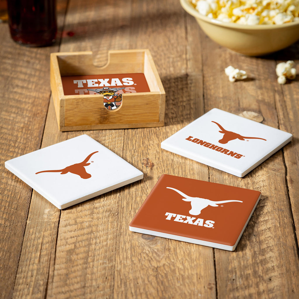 Texas Longhorns Coaster Set 4 Piece with Wood Caddy - Evergreen Enterprises