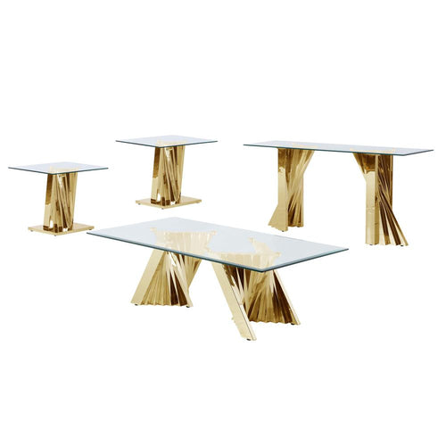 Glass Coffee Table Sets: Coffee Table, 2 End Tables and Console Table with Stainless Steel Gold Base - Best Quality Furniture
