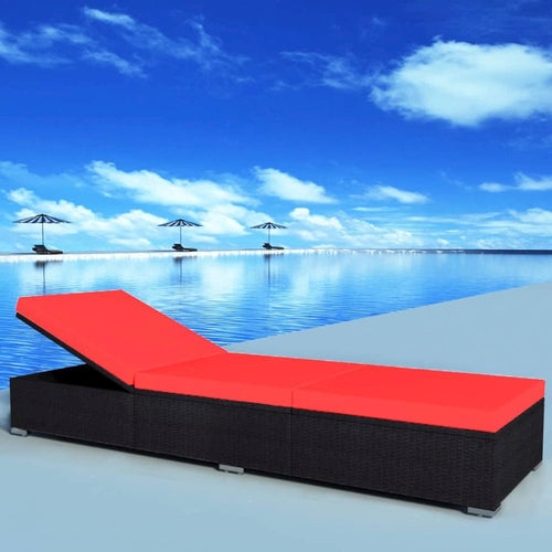Sun Lounger Black Red PE Rattan, Powder-Coated Steel, Polyester - vidaXL