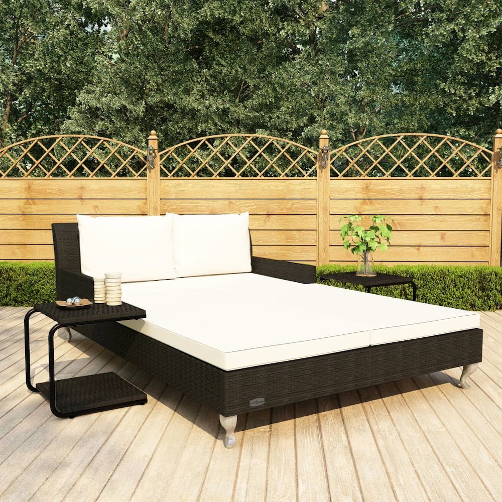 Sun Lounger Black rattan and cream white cushion - vidaXL