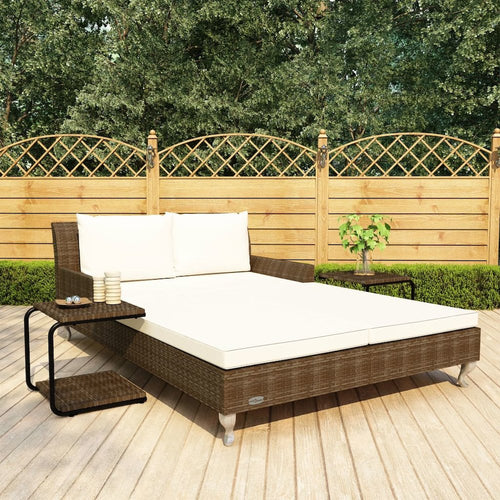 Sun Lounger Brown and Cream Poly Rattan, Powder-Coated Steel, Fabric - vidaXL