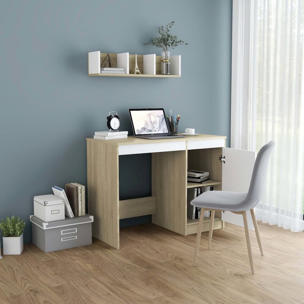 Desk White and Sonoma Oak Engineered Wood Medium Computer Desk - vidaXL